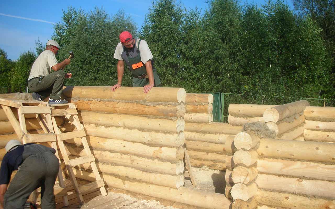 Строительная бригада по строительству дома из оцилиндрованного бревна